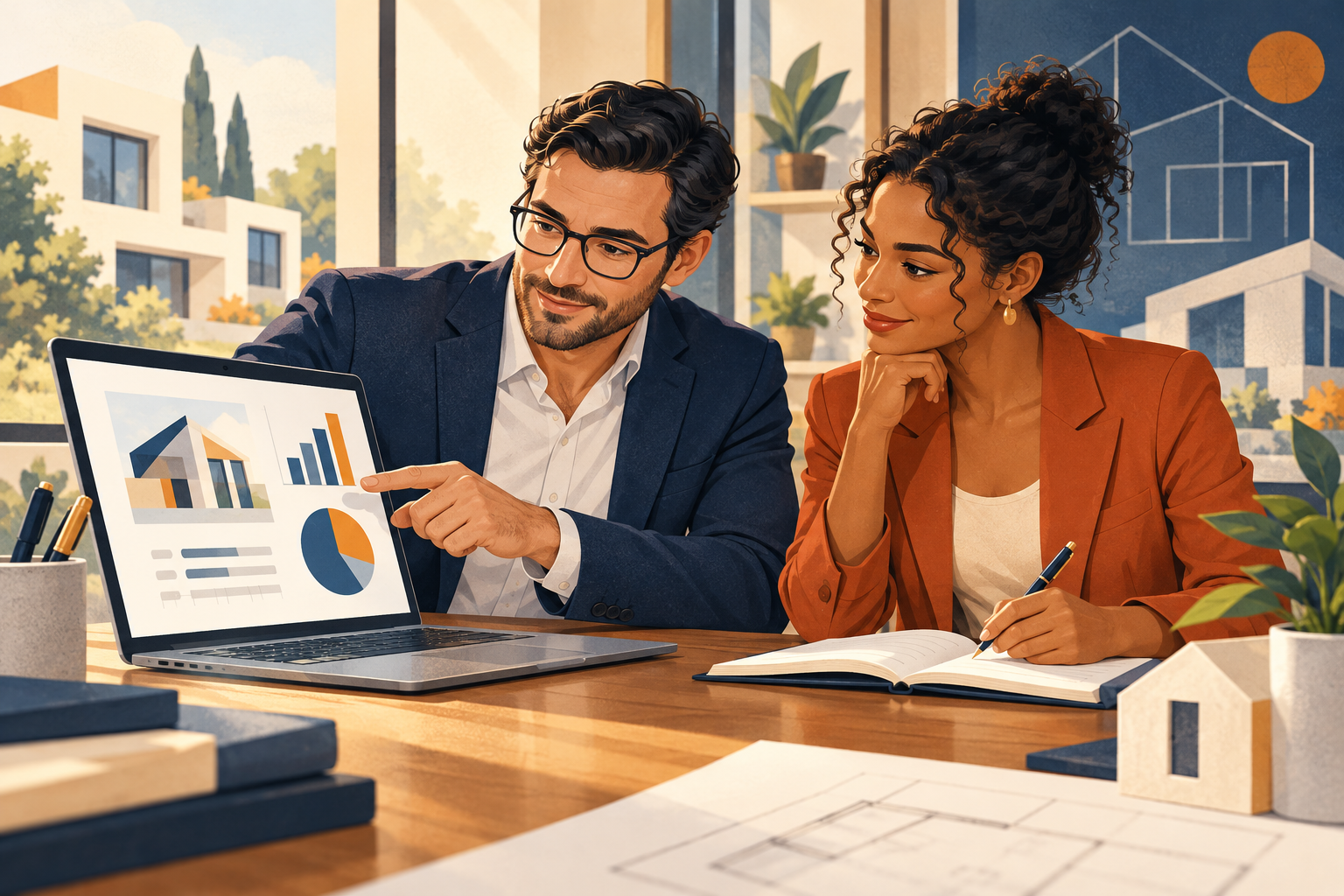 Illustration of two professionals reviewing a laptop presentation and taking notes