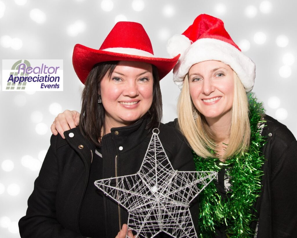 Two guests posing together in the archived photo booth