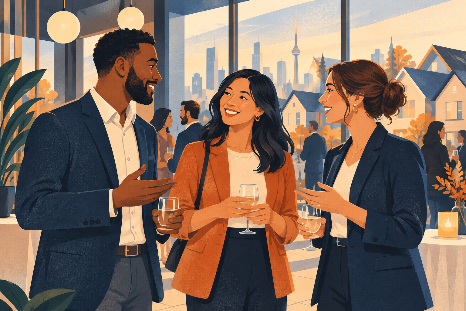 Illustration of three business professionals talking at a networking venue