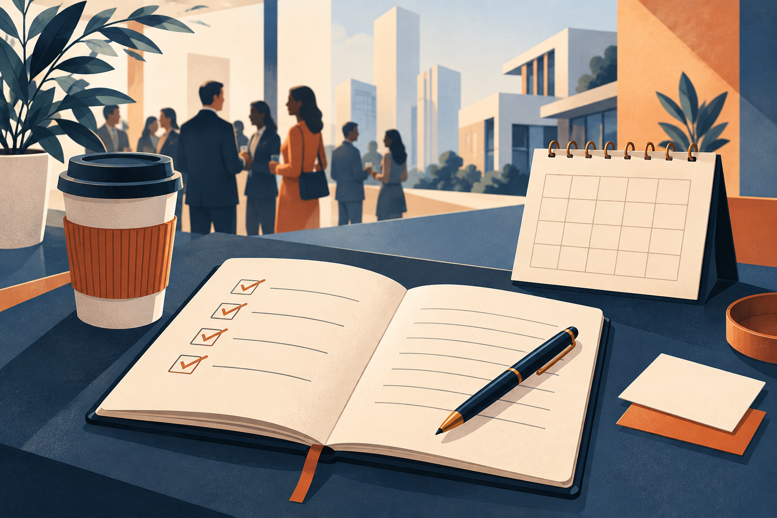 Editorial illustration of a notebook, calendar, pen and business cards on a desk